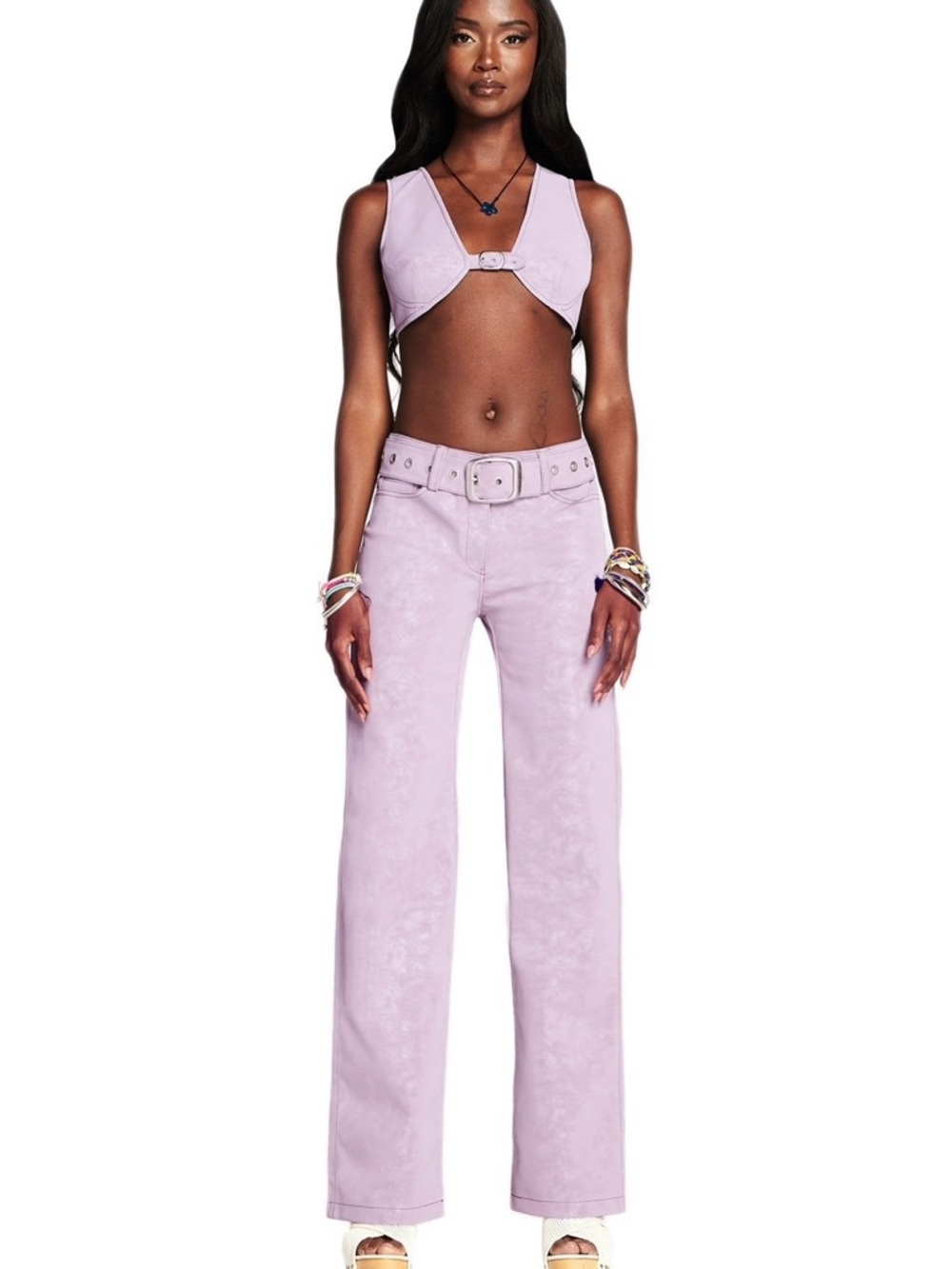 I.AM.GIA Pants Natali Faux Leather Textured Kickflare Belted Lilac Purple Sz S